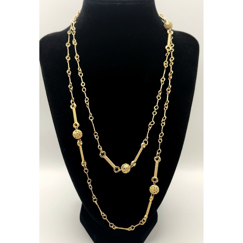 Vintage Gold Tone Filigree Ball Station Necklace Long 36 Inch Opera Chain